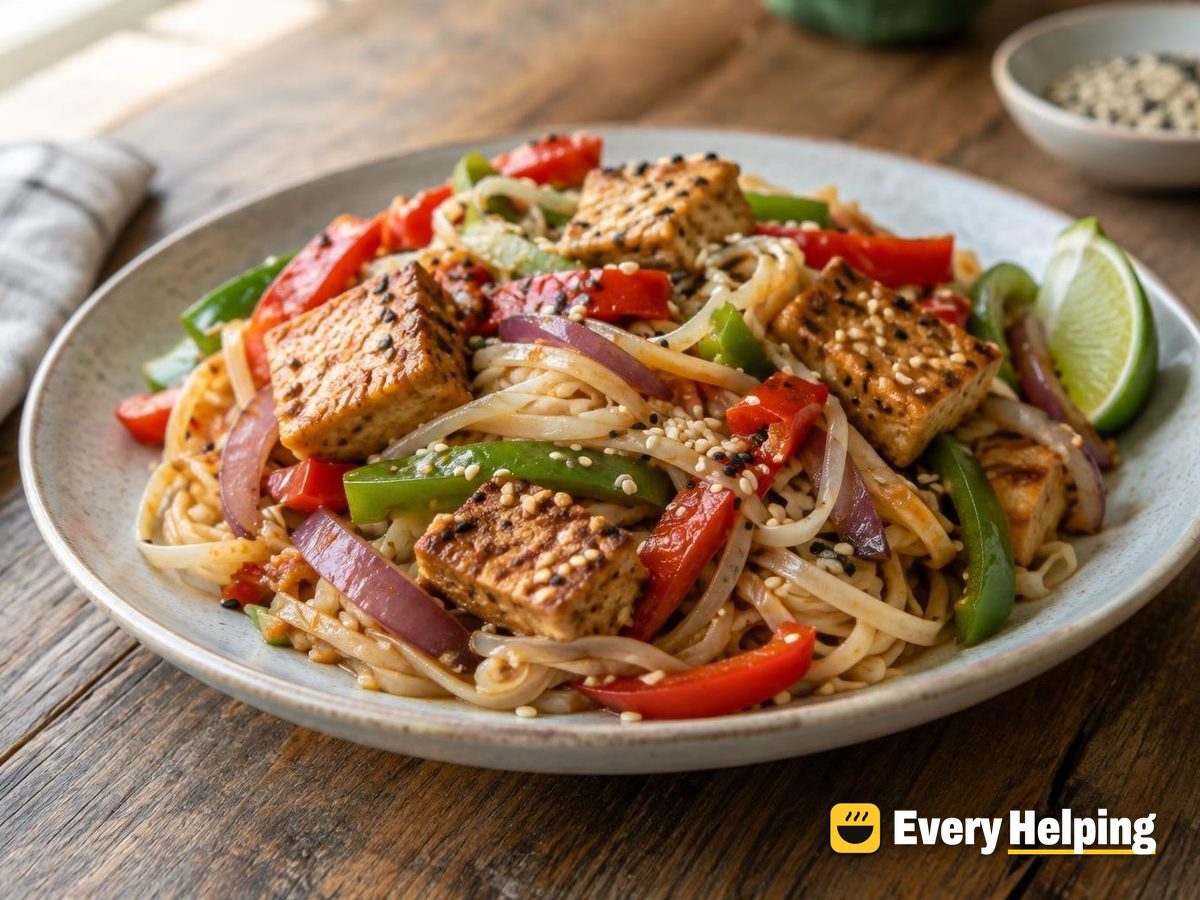 Sesame Ginger Tofu Rice Noodles with Peppers