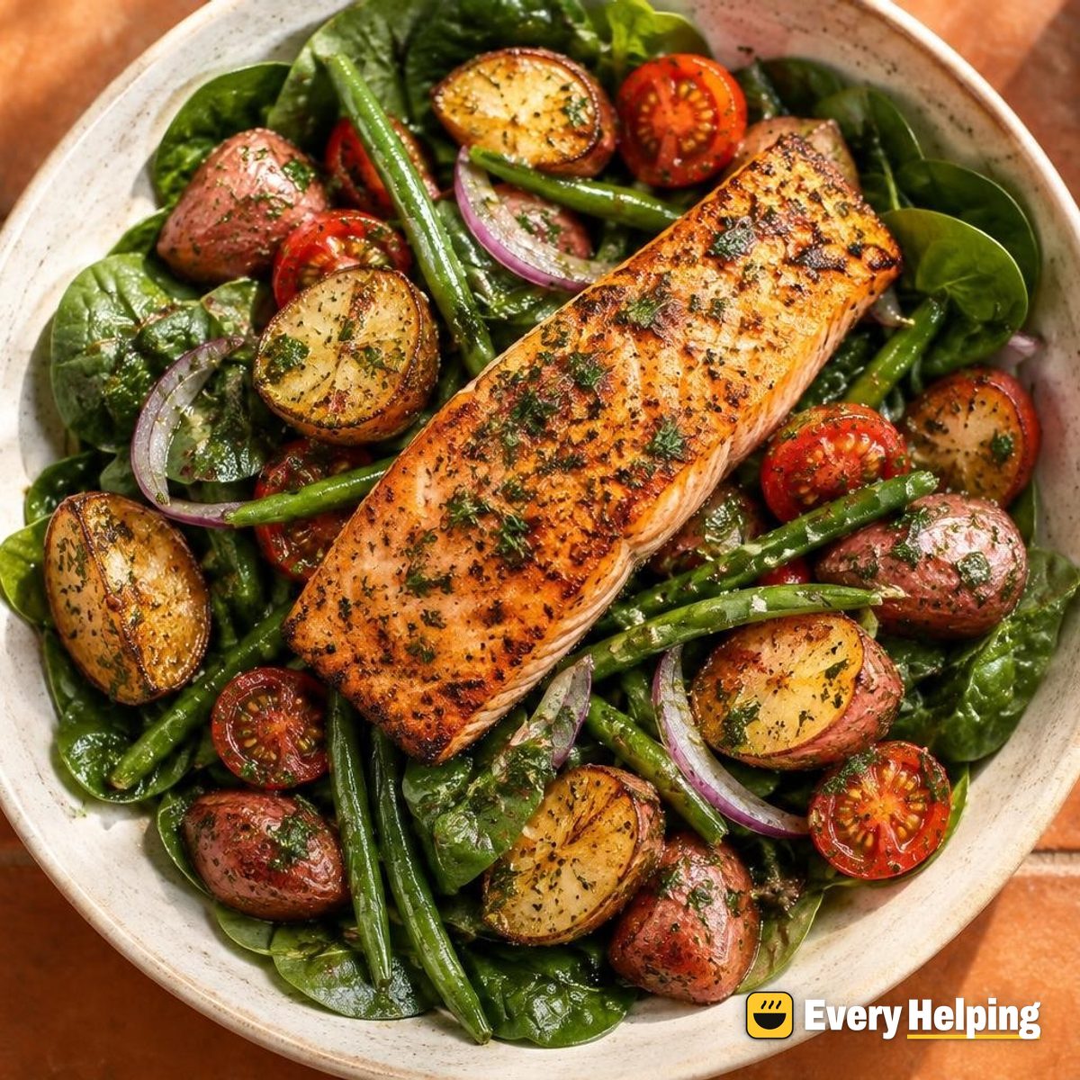 Seared Salmon Spinach Salad with Potatoes