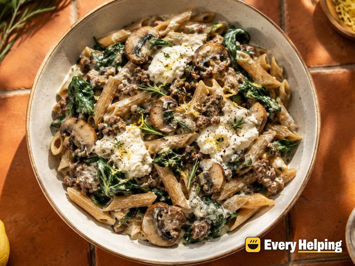 One-Pot Beef, Mushroom and Ricotta Pasta Bowls