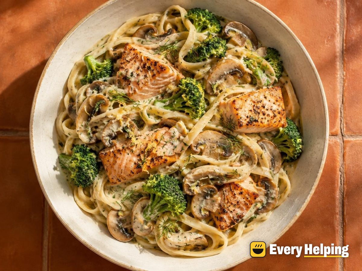 Seared Salmon Linguine with Creamy Mushroom Sauce