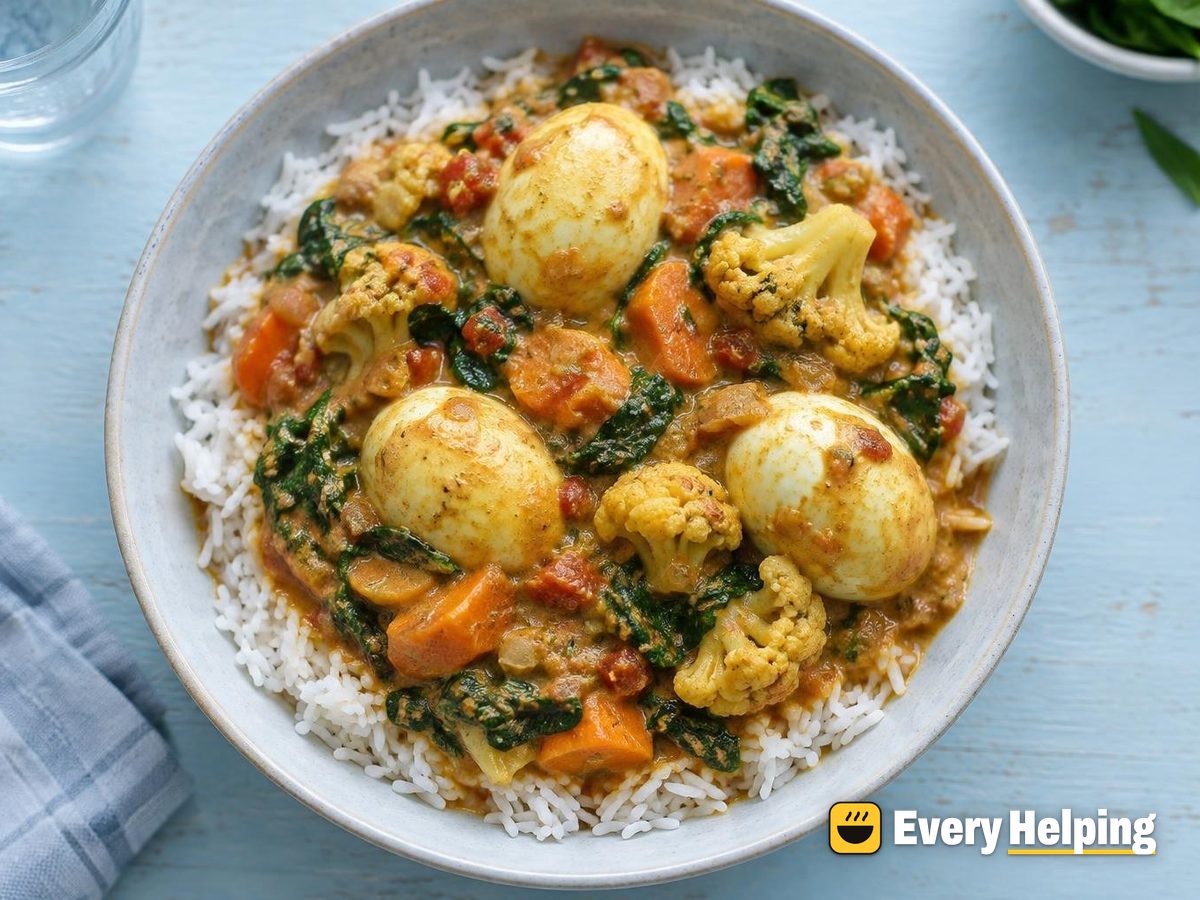 Coconut Egg Curry with Spinach and Cauliflower