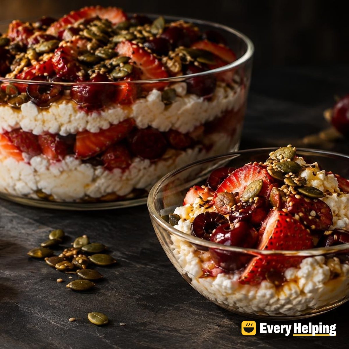 Cherry Strawberry Cottage Cheese Parfait, Cocoa Seeds