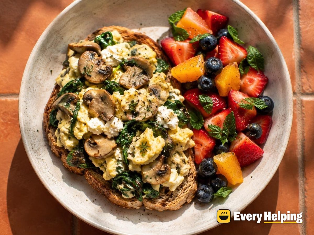 Garlicky Mushroom-Spinach Scramble with Berry Salad