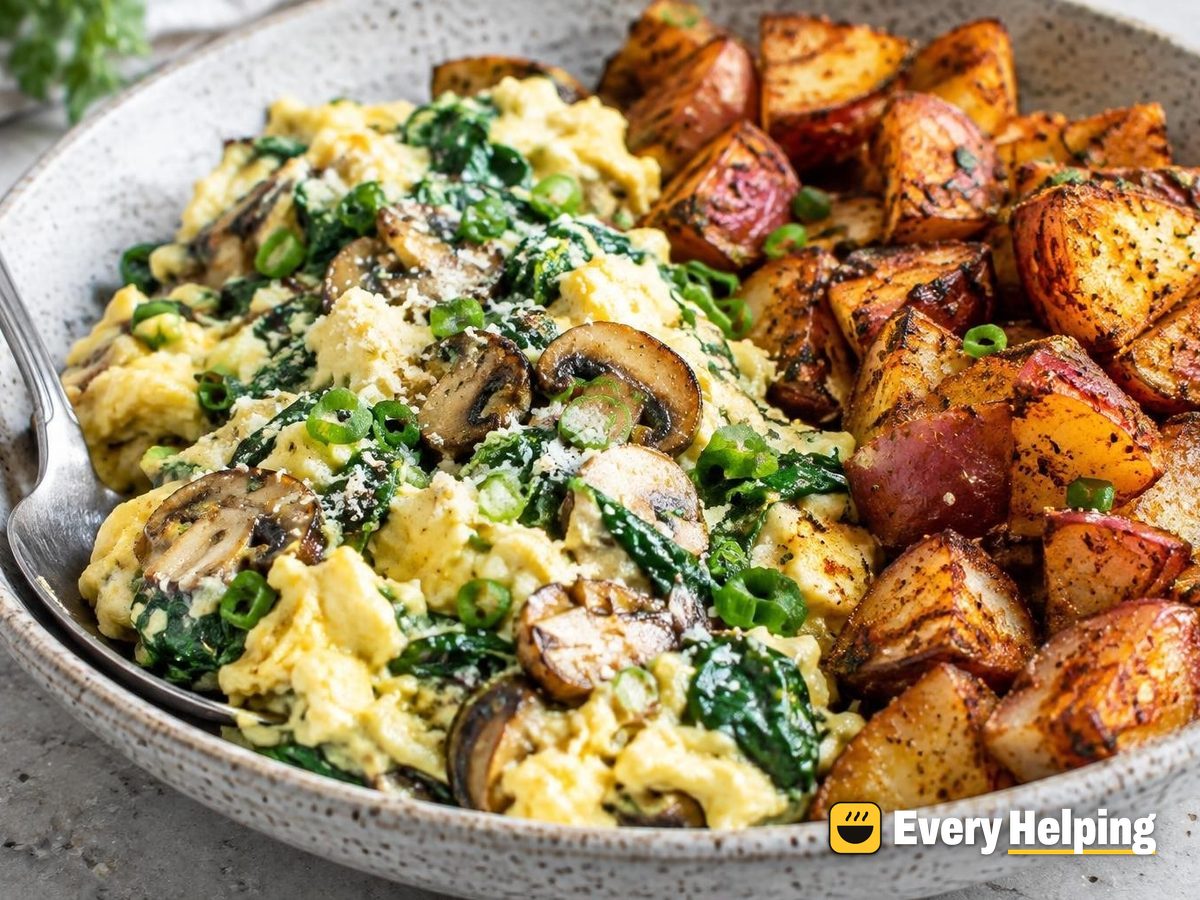 Mushroom-Spinach Egg Scramble with Crispy Potatoes
