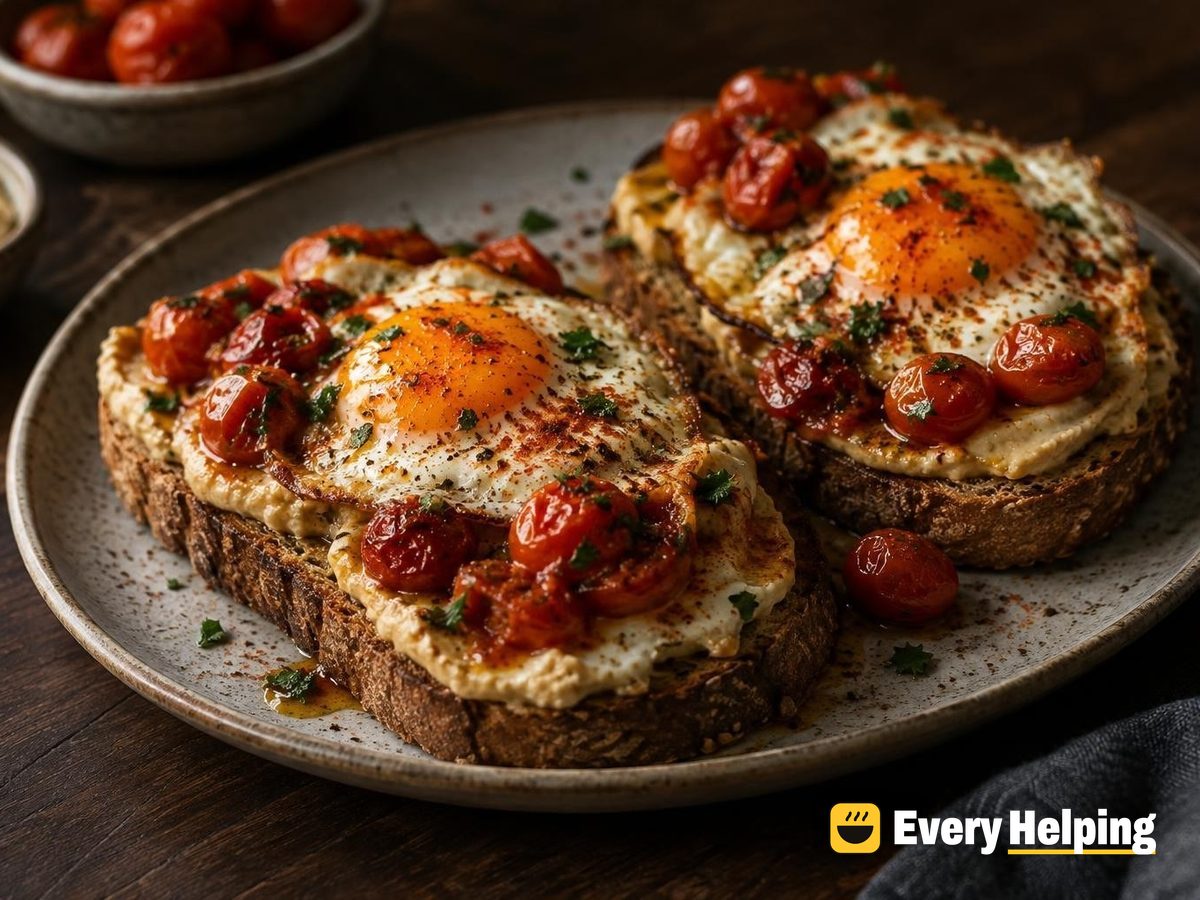 Blistered Tomato and Fried Egg Hummus Toasts