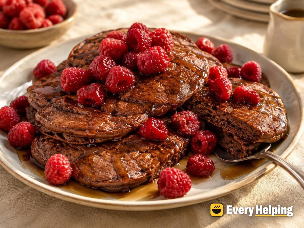 Blender Cocoa Oat Pancakes with Raspberries