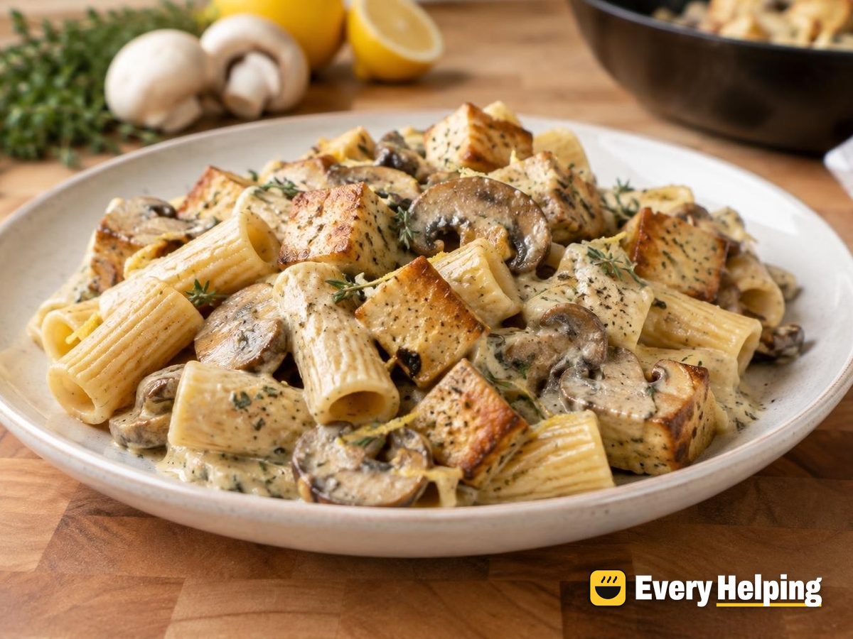Crispy Tofu Rigatoni in Creamy Mushroom Sauce