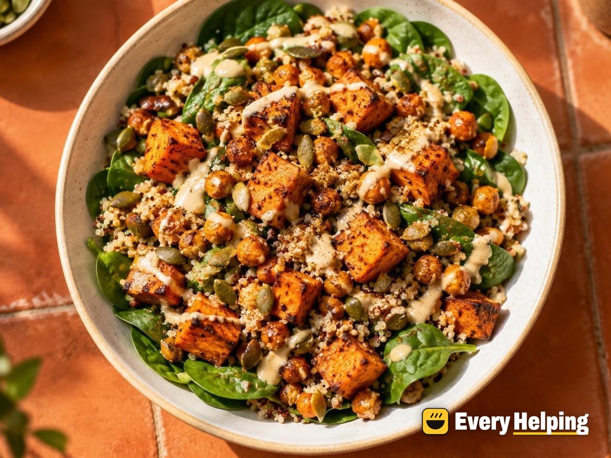 Roasted Sweet Potato Quinoa Spinach Salad