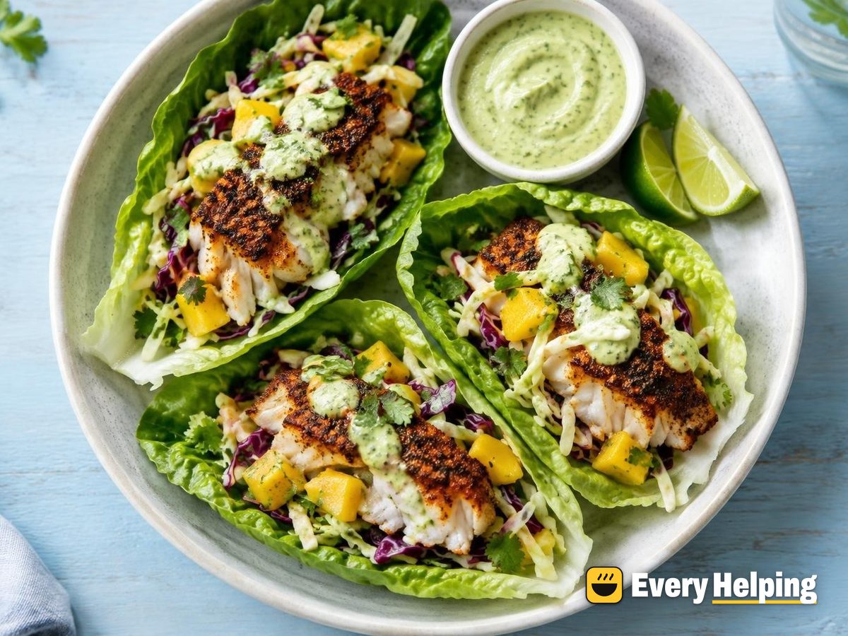 Blackened Cod Lettuce Wraps with Mango Slaw