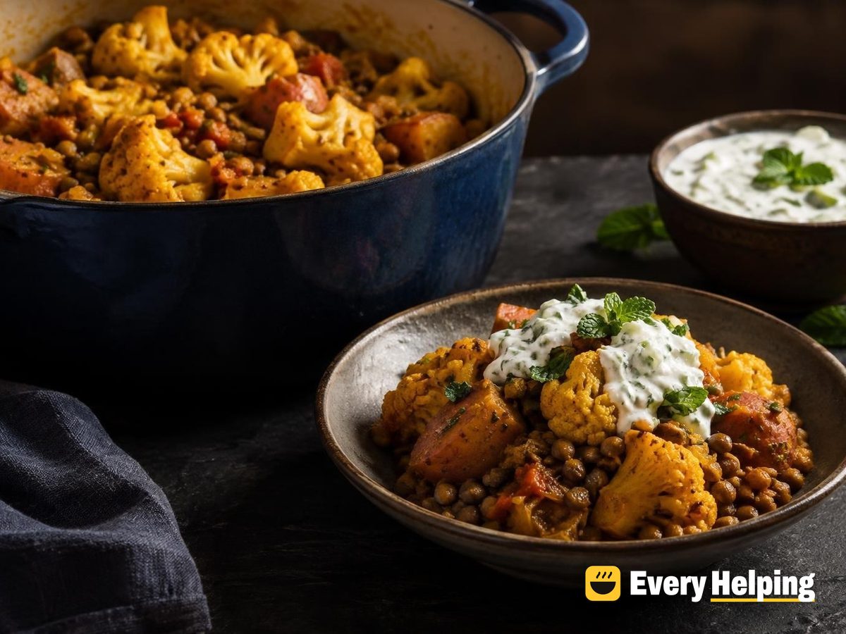 Aloo Gobi with Lentils and Cucumber Raita