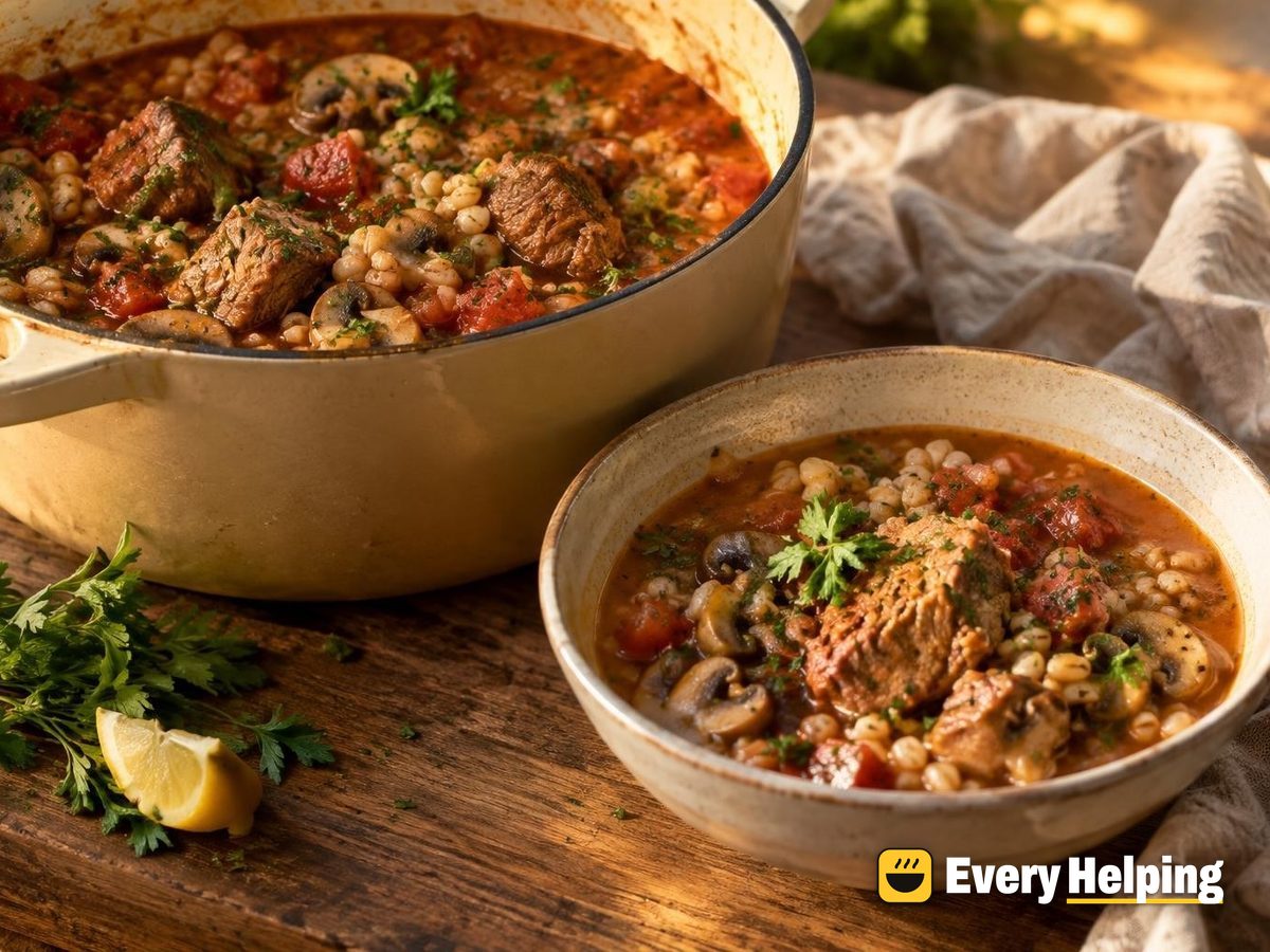 Braised Pork Shoulder, Mushroom and Barley Tomato Soup