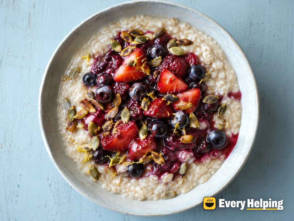 Strawberry-Blueberry Compote Porridge with Homemade Oat Milk