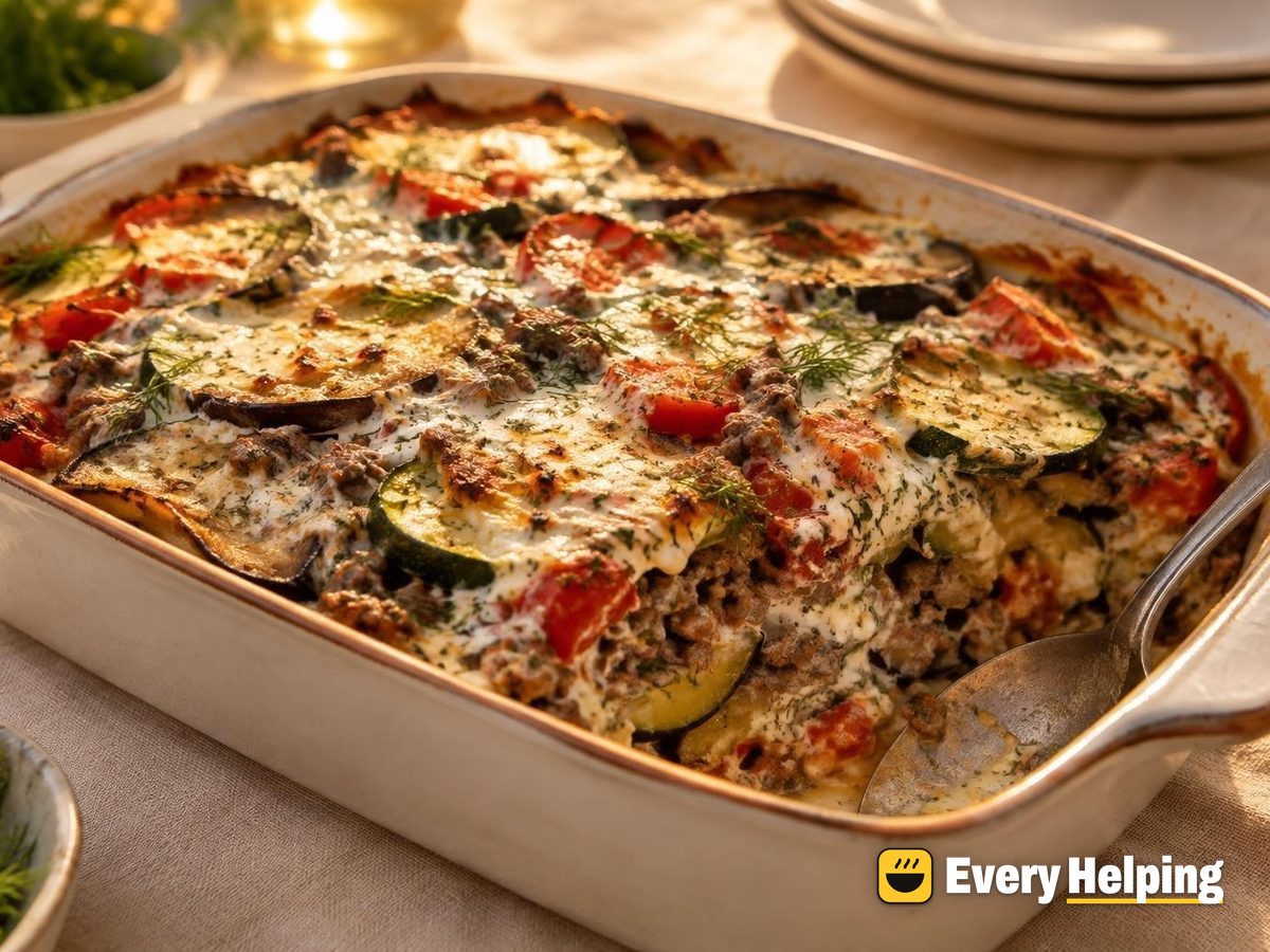 Greek Pork, Eggplant and Zucchini Yogurt Bake