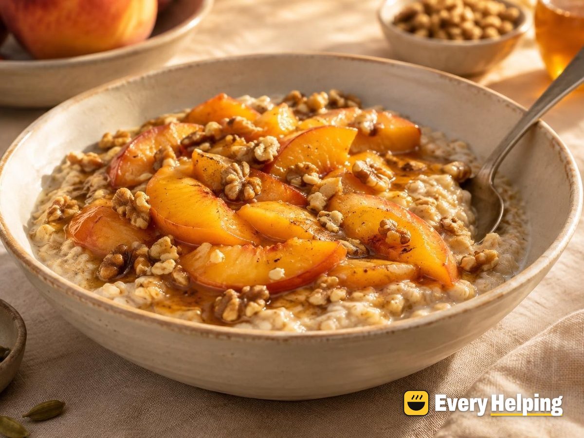 Vanilla Peach Compote over Cardamom Oatmeal