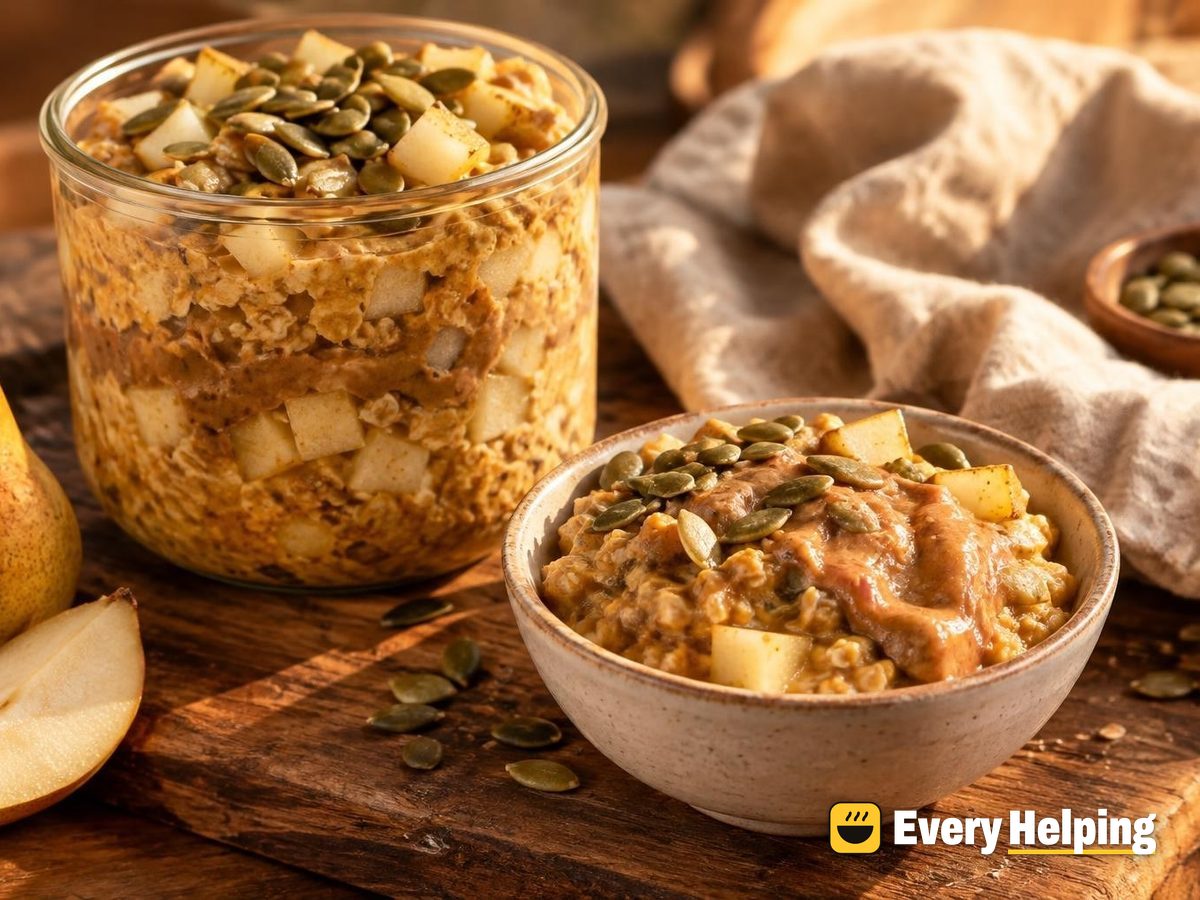 Pumpkin Spice Pear Overnight Oats with Almond Butter