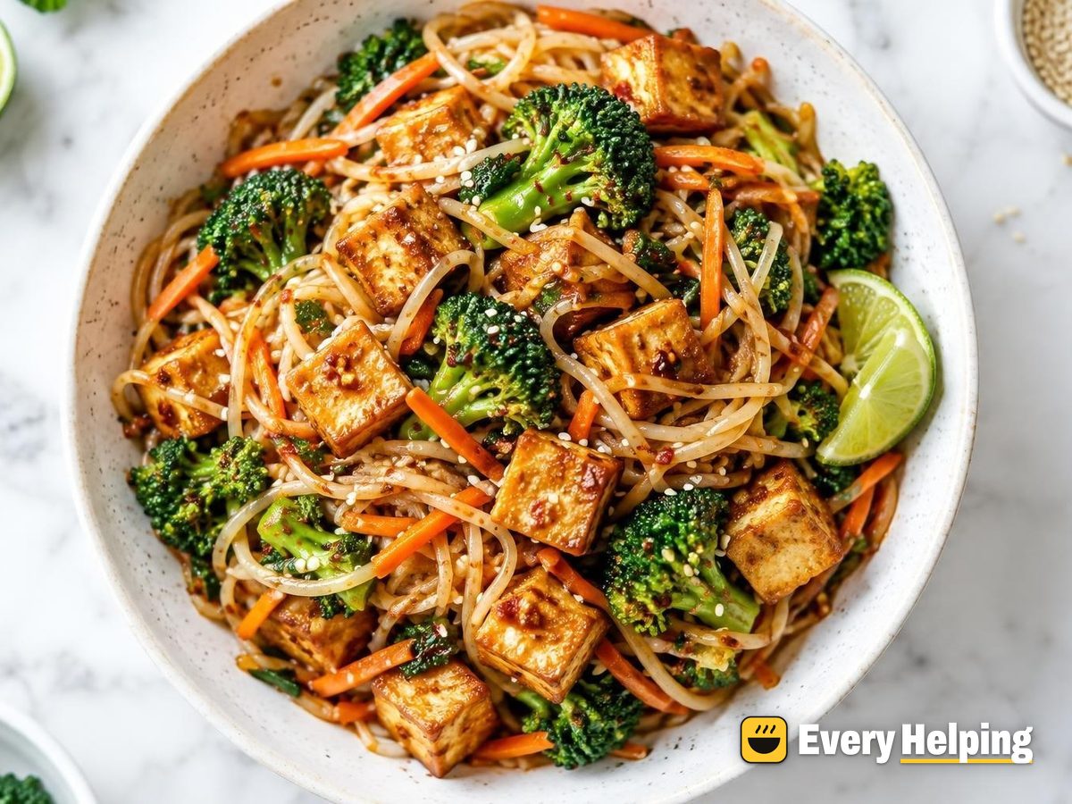 Crispy Tofu Chili Garlic Noodles with Broccoli
