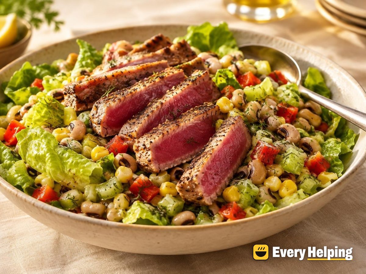 Seared Tuna Steak, Black-Eyed Pea and Romaine Salad