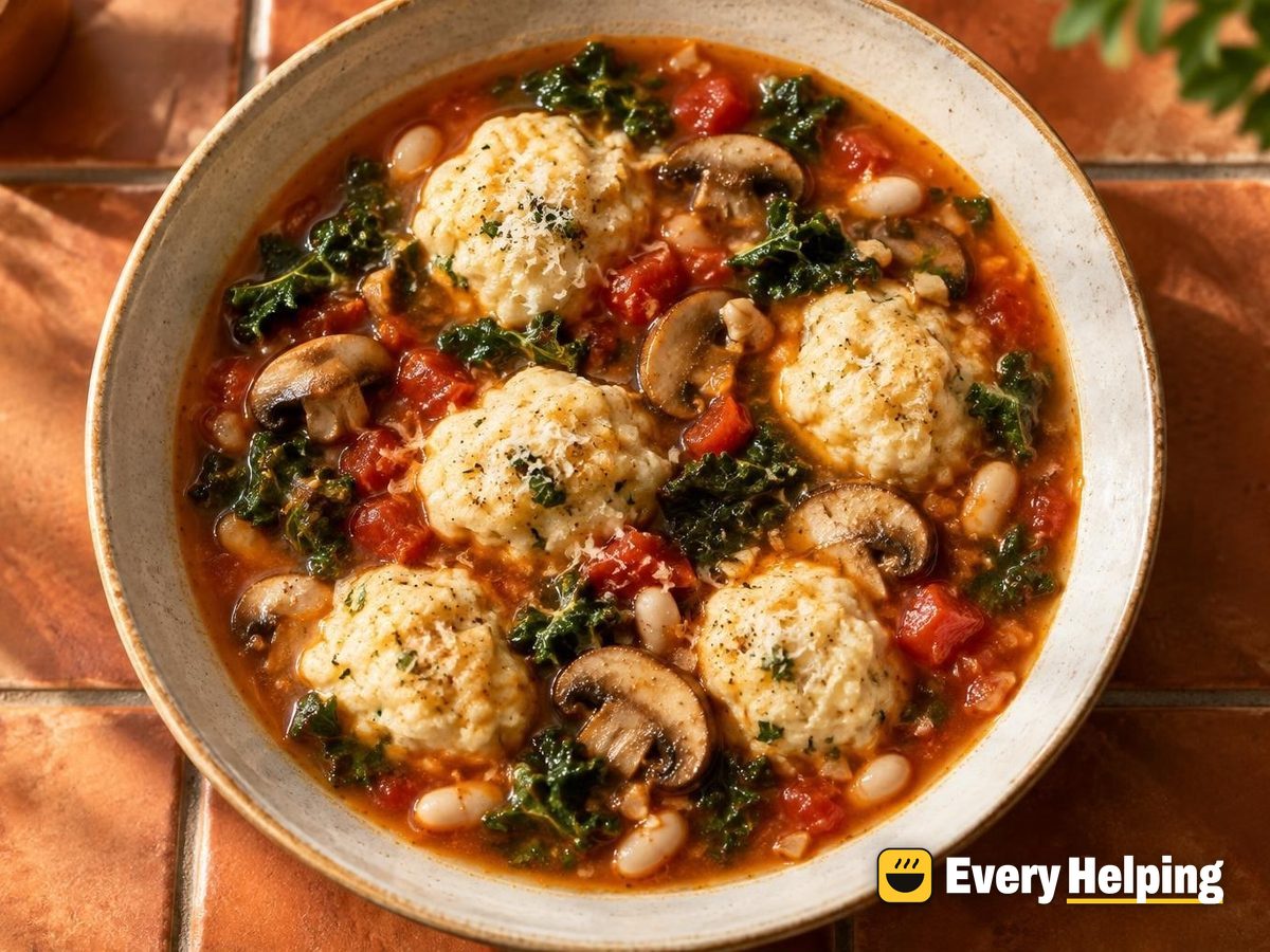 Mushroom Tomato Broth with Ricotta Dumplings