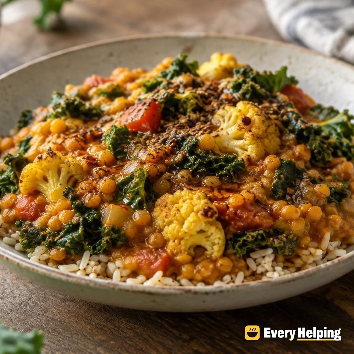 Pressure Cooker Masoor Dal with Cauliflower and Kale