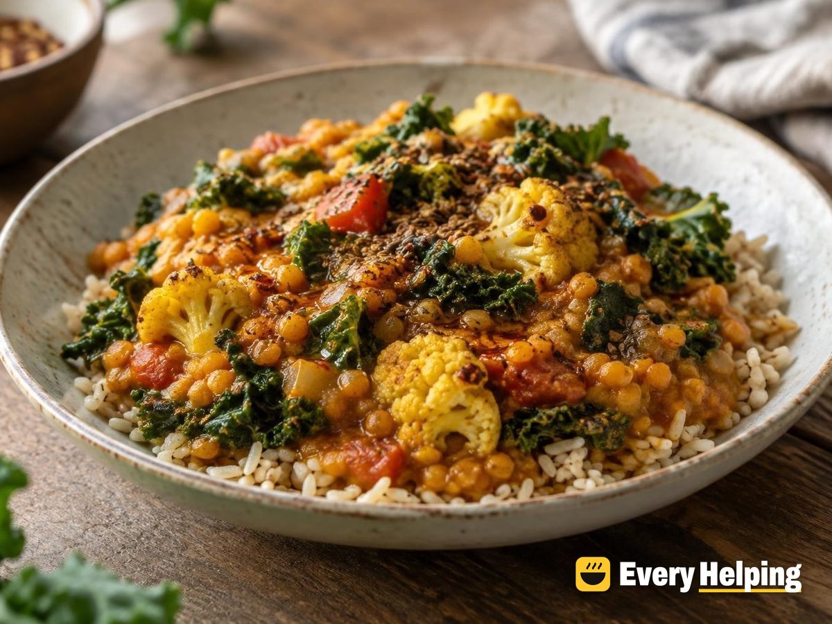 Pressure Cooker Masoor Dal with Cauliflower and Kale