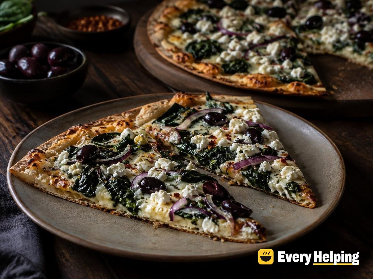 Thin-Crust Garlic Spinach Pizzas with Feta and Olives