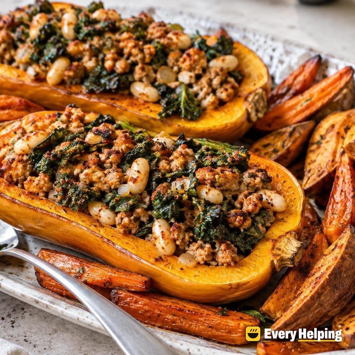 Smoky Turkey-Stuffed Butternut Halves with Roots