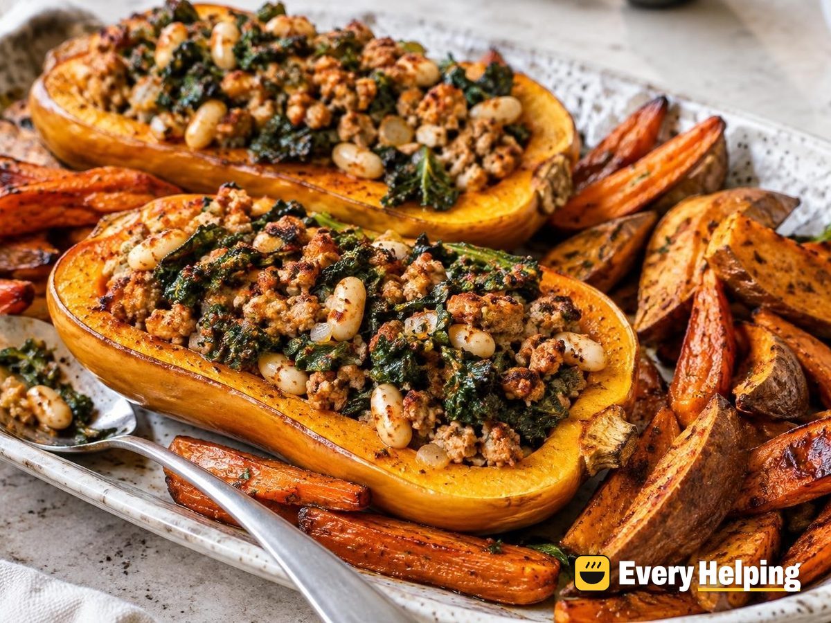 Smoky Turkey-Stuffed Butternut Halves with Roots