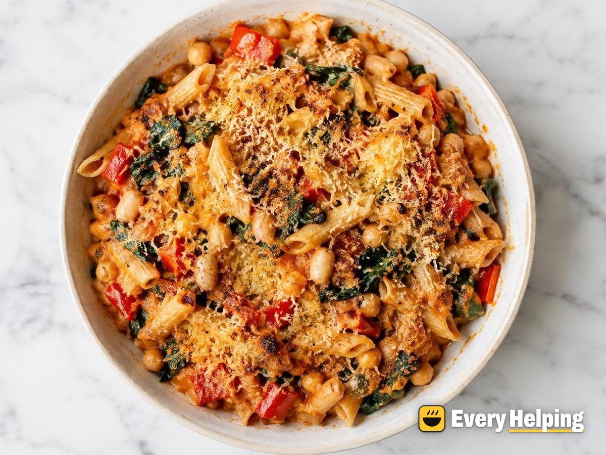 Red Pepper Chickpea Pasta Breakfast Bake