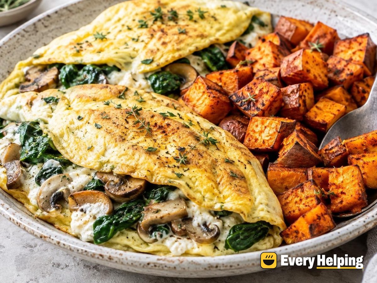 Ricotta-Thyme Mushroom Omelets with Paprika Sweet Potatoes