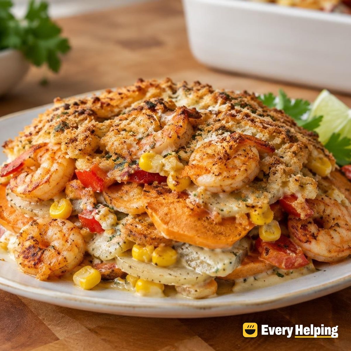 Smoky Shrimp, Sweet Potato and Corn Casserole