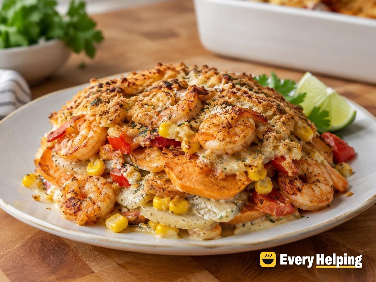 Smoky Shrimp, Sweet Potato and Corn Casserole