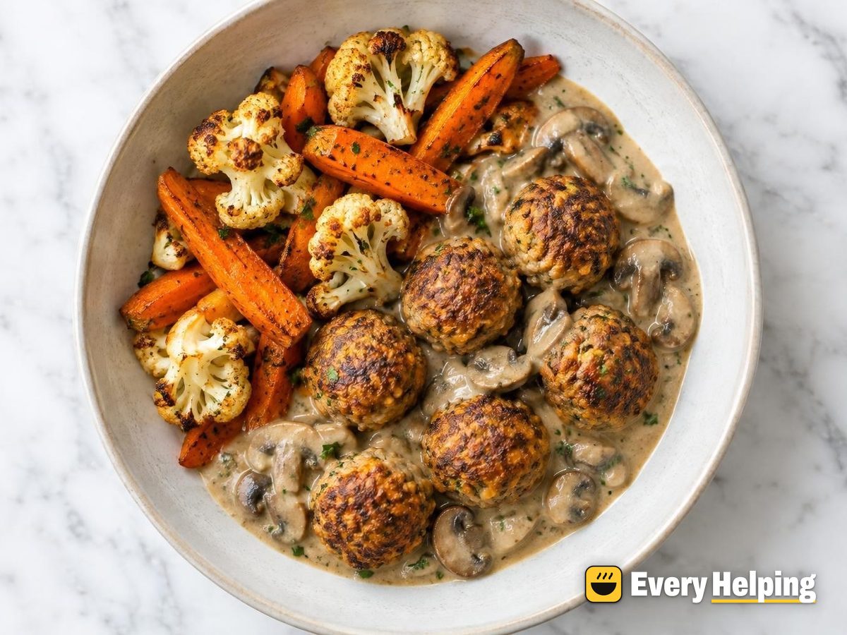 Spiced Lentil-Chickpea Balls with Mushroom Sauce
