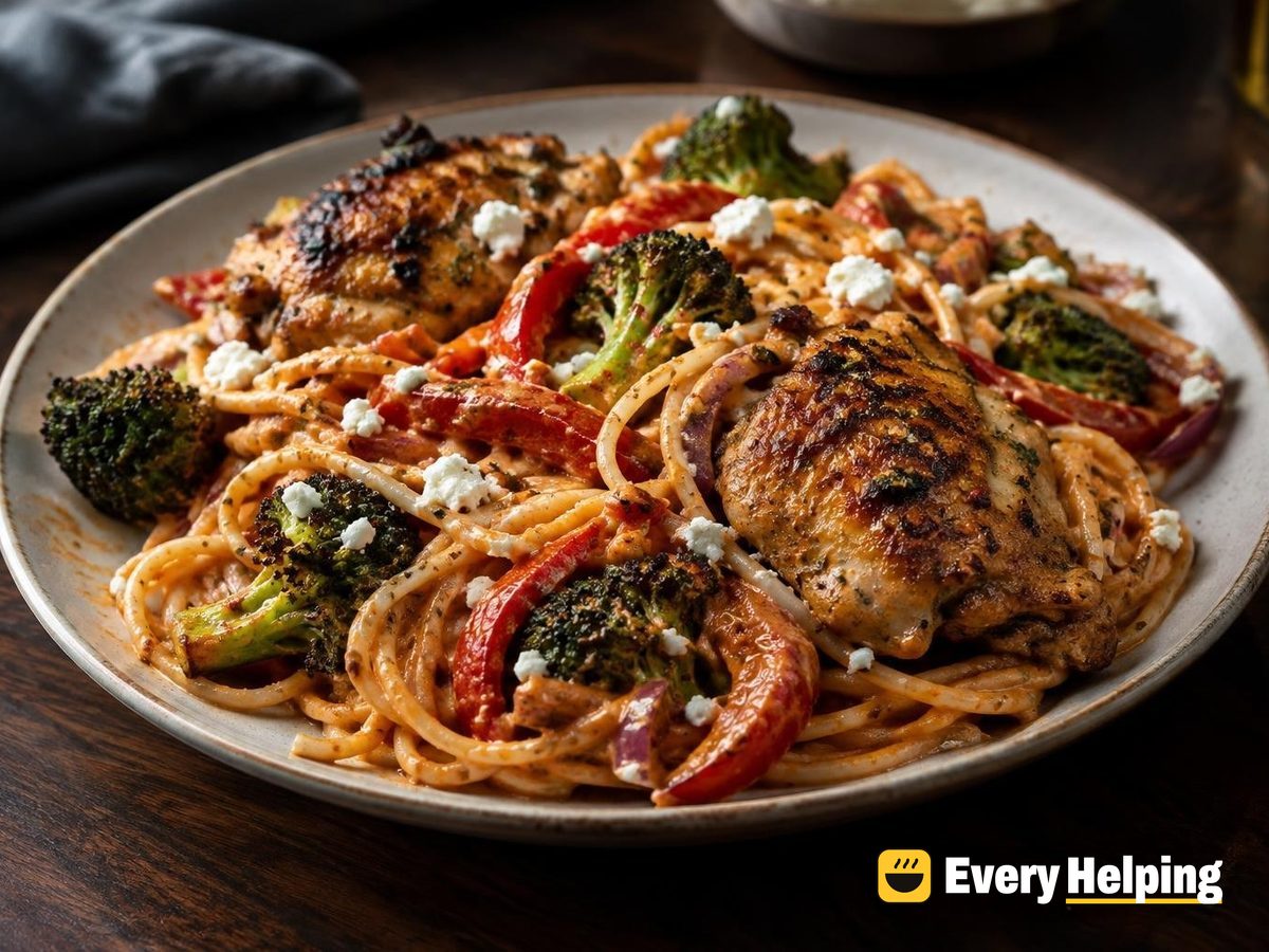 Smoky Roasted Pepper Spaghetti with Chicken Thighs