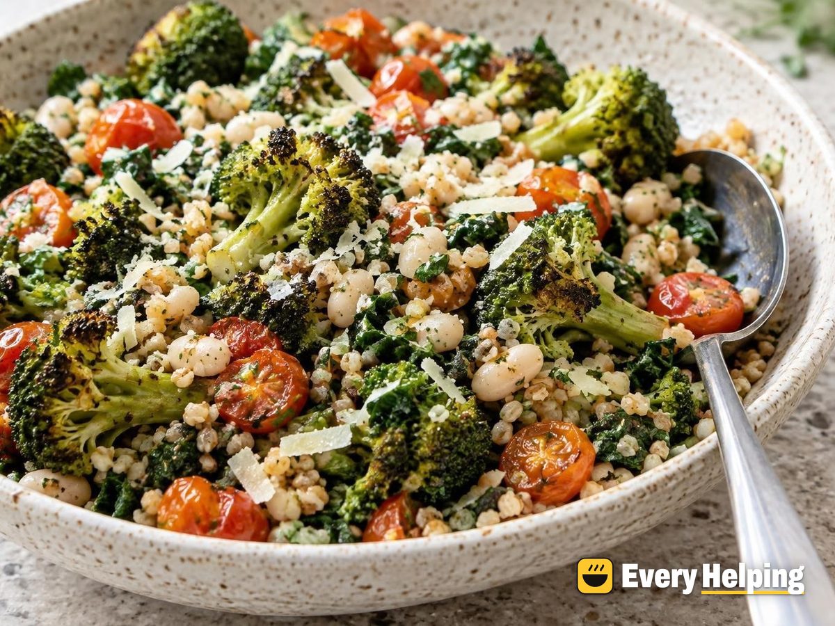 Roasted Broccoli Farro-Style Bulgur Salad with Parmesan