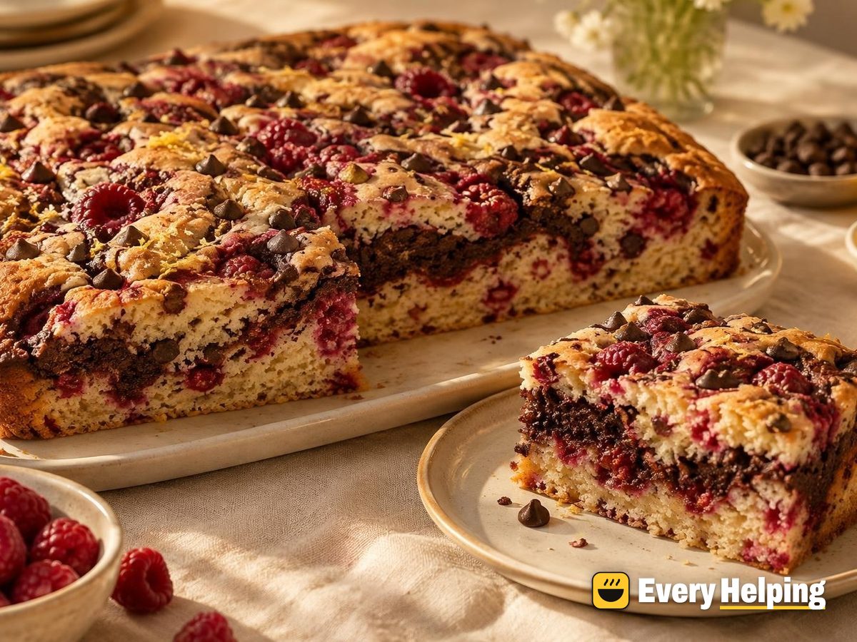 Raspberry Buttermilk Sheet Cake with Fudgy Cocoa Swirl