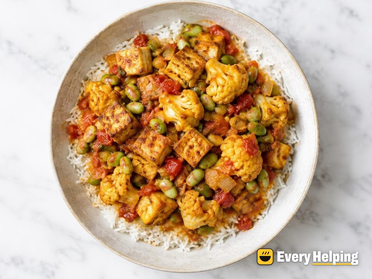 Tofu Cauliflower Tomato Curry with Edamame
