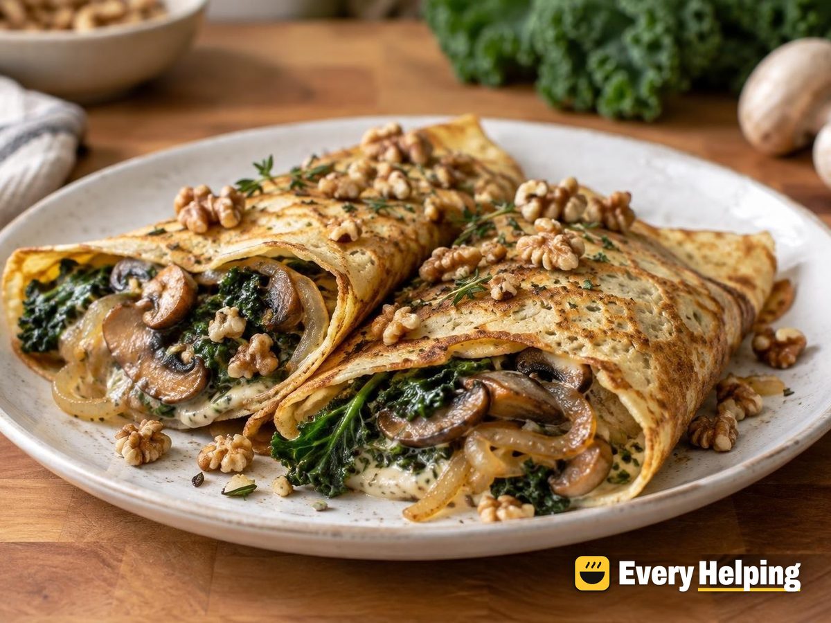 Caramelized Onion, Mushroom and Kale Crêpes