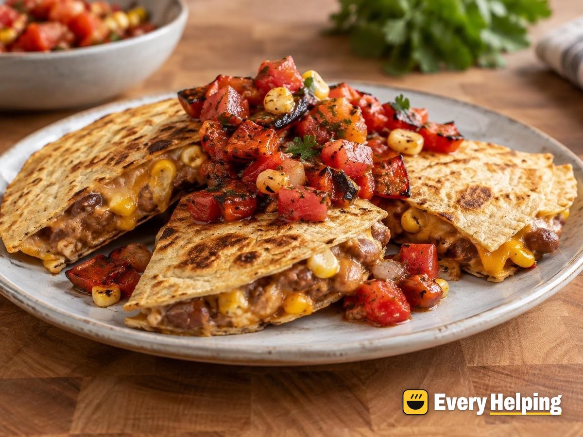 Smashed Pinto Bean Quesadillas with Charred Pepper Salsa