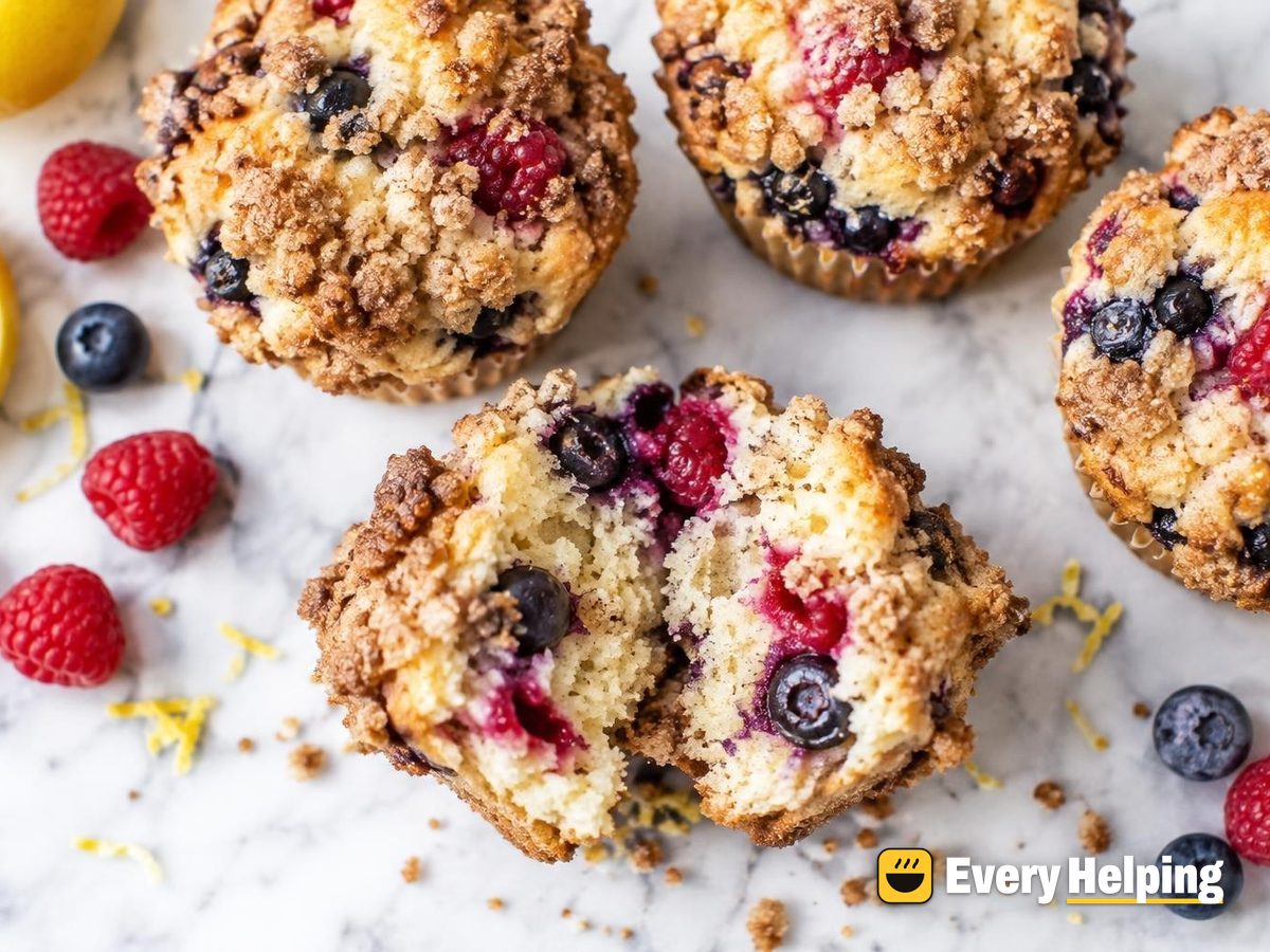 Lemon Raspberry Blueberry Streusel Muffins