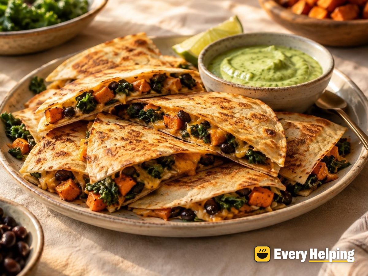 Sweet Potato Kale Quesadillas with Avocado Crema