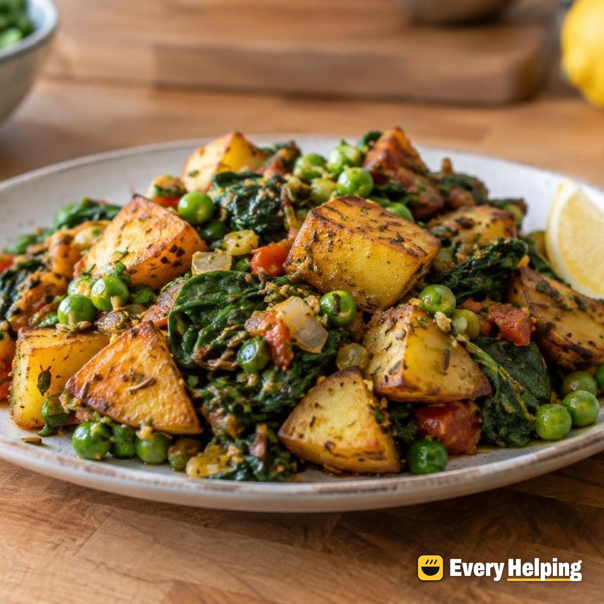 Crispy Skillet Aloo Palak with Peas