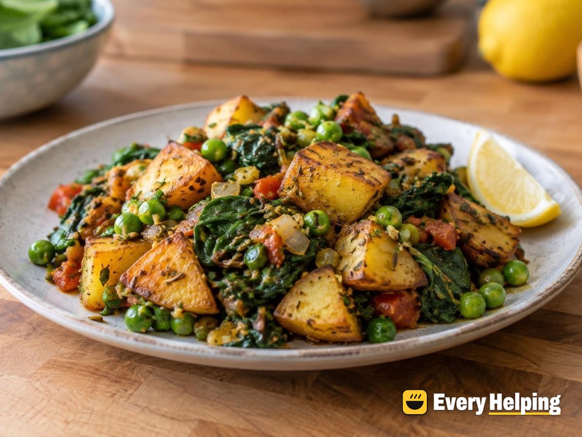 Crispy Skillet Aloo Palak with Peas