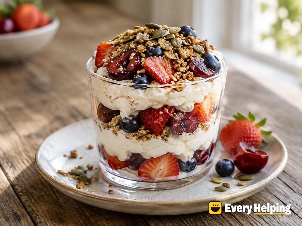 Cherry Strawberry Ricotta Parfait with Seed Crunch