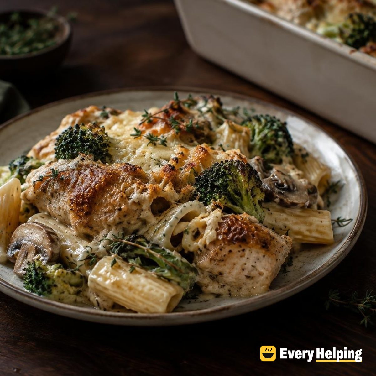 Chicken Thigh Mushroom Rigatoni Bake with Thyme