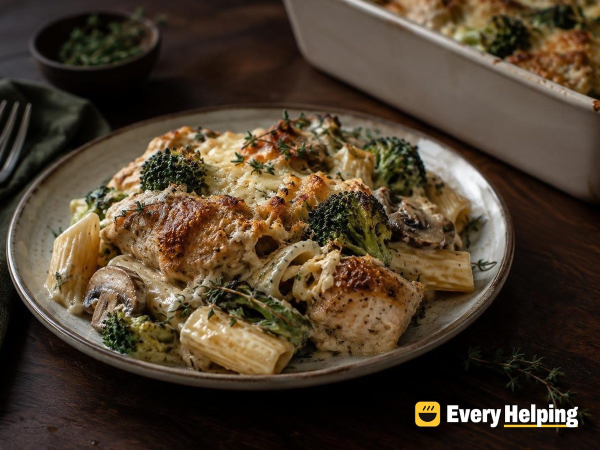 Chicken Thigh Mushroom Rigatoni Bake with Thyme