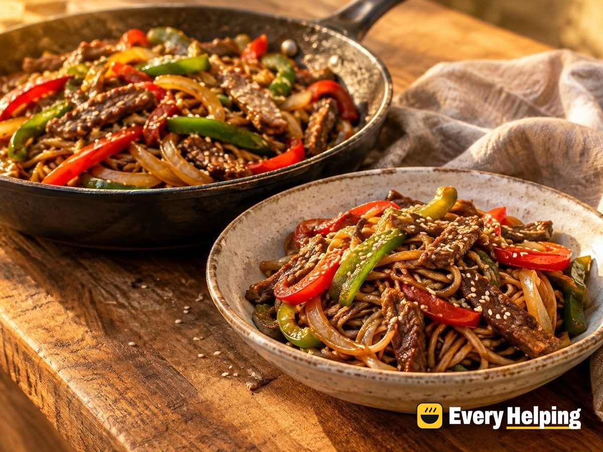 Sesame Beef Noodles with Peppers and Onions