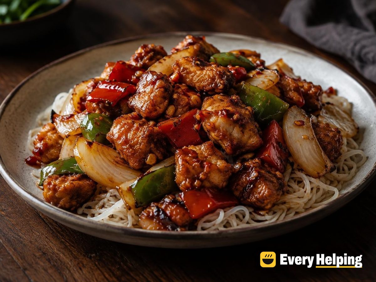 Crispy Chili Garlic Chicken over Rice Noodles
