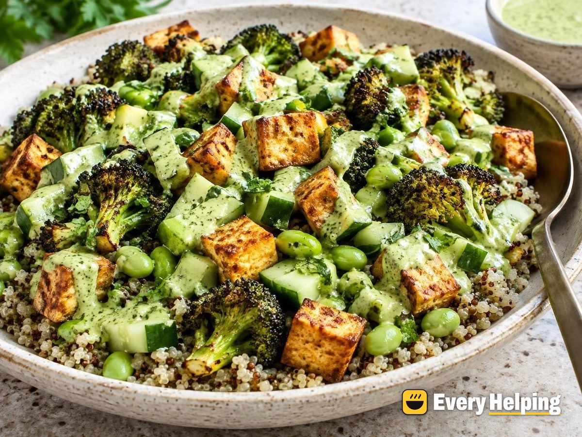 Crispy Tofu Quinoa Bowls with Green Goddess Sauce