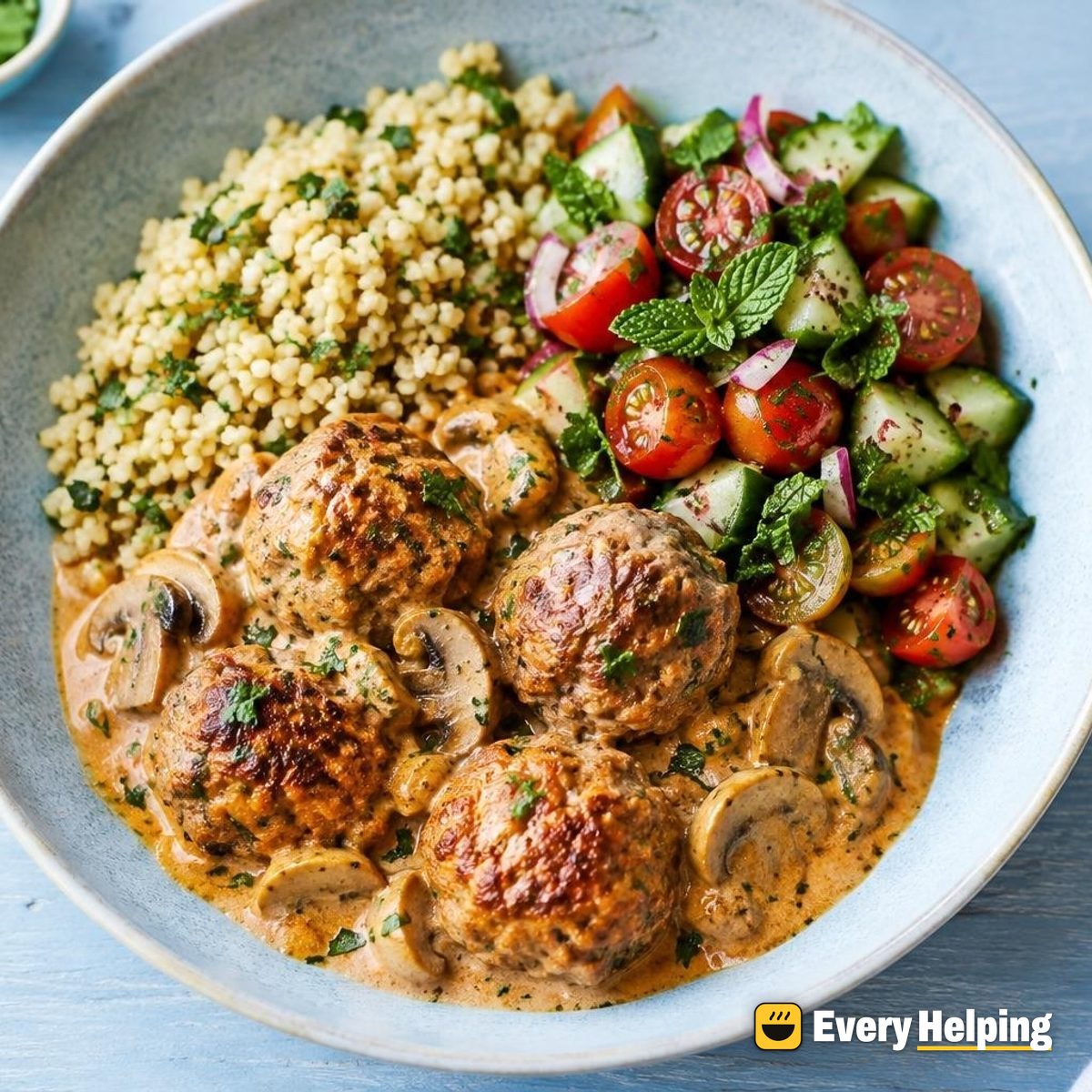 Cumin-Coriander Chicken Meatballs, Mushroom-Yogurt Sauce