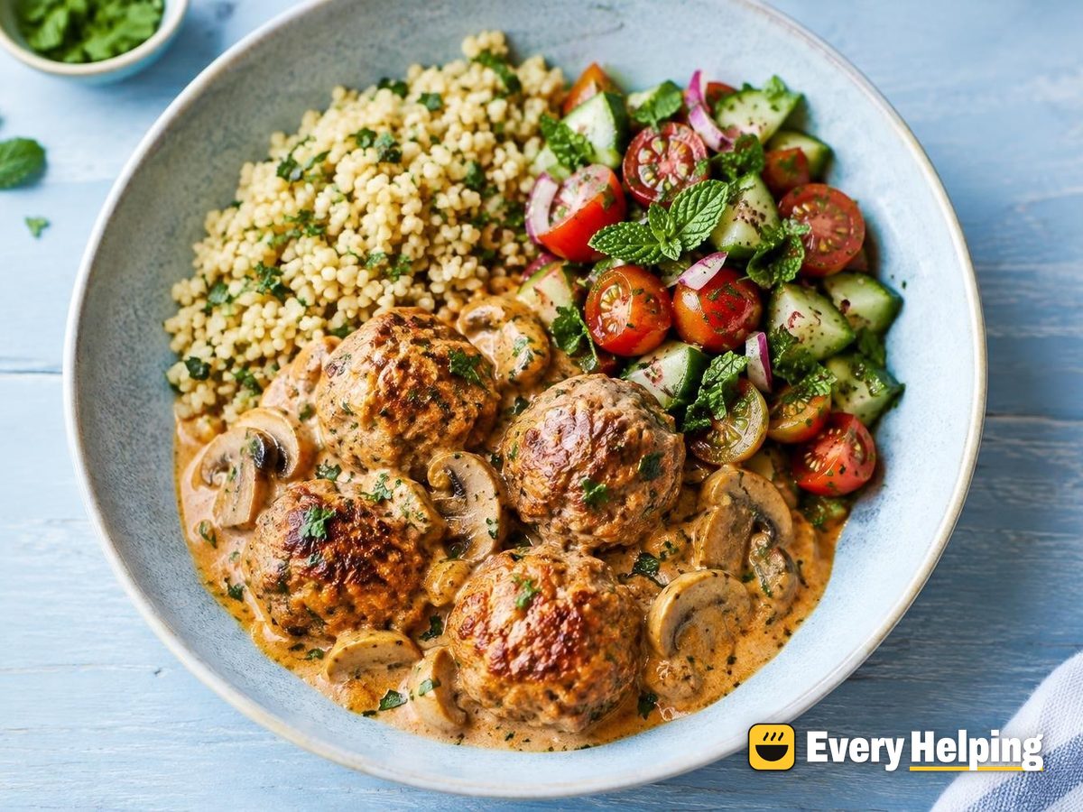 Cumin-Coriander Chicken Meatballs, Mushroom-Yogurt Sauce